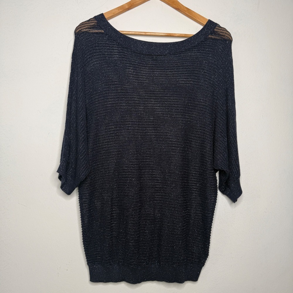 Express Women Knit Top Medium Navy‎ Metallic Shimmer Open Knit Boho Chic